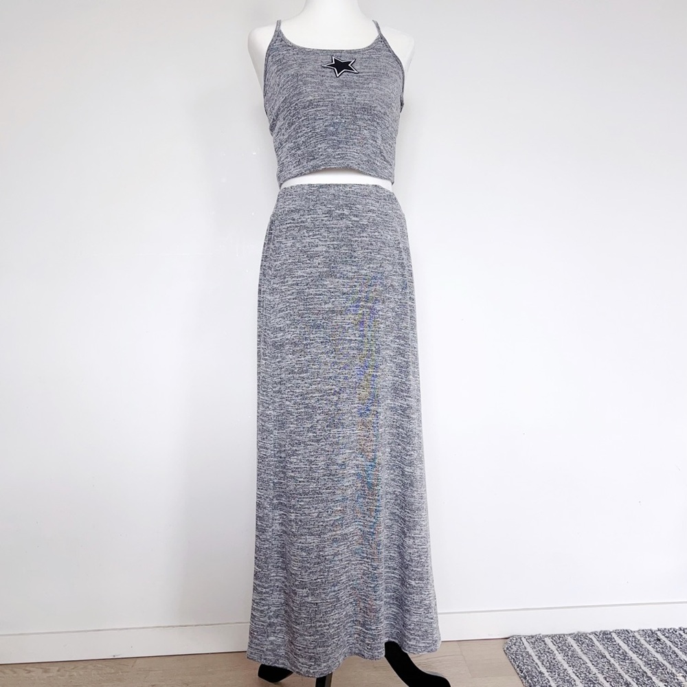 Heather Grey Star Crop Top & Maxi Skirt Set | Stretchy Comfy – One Size fits S